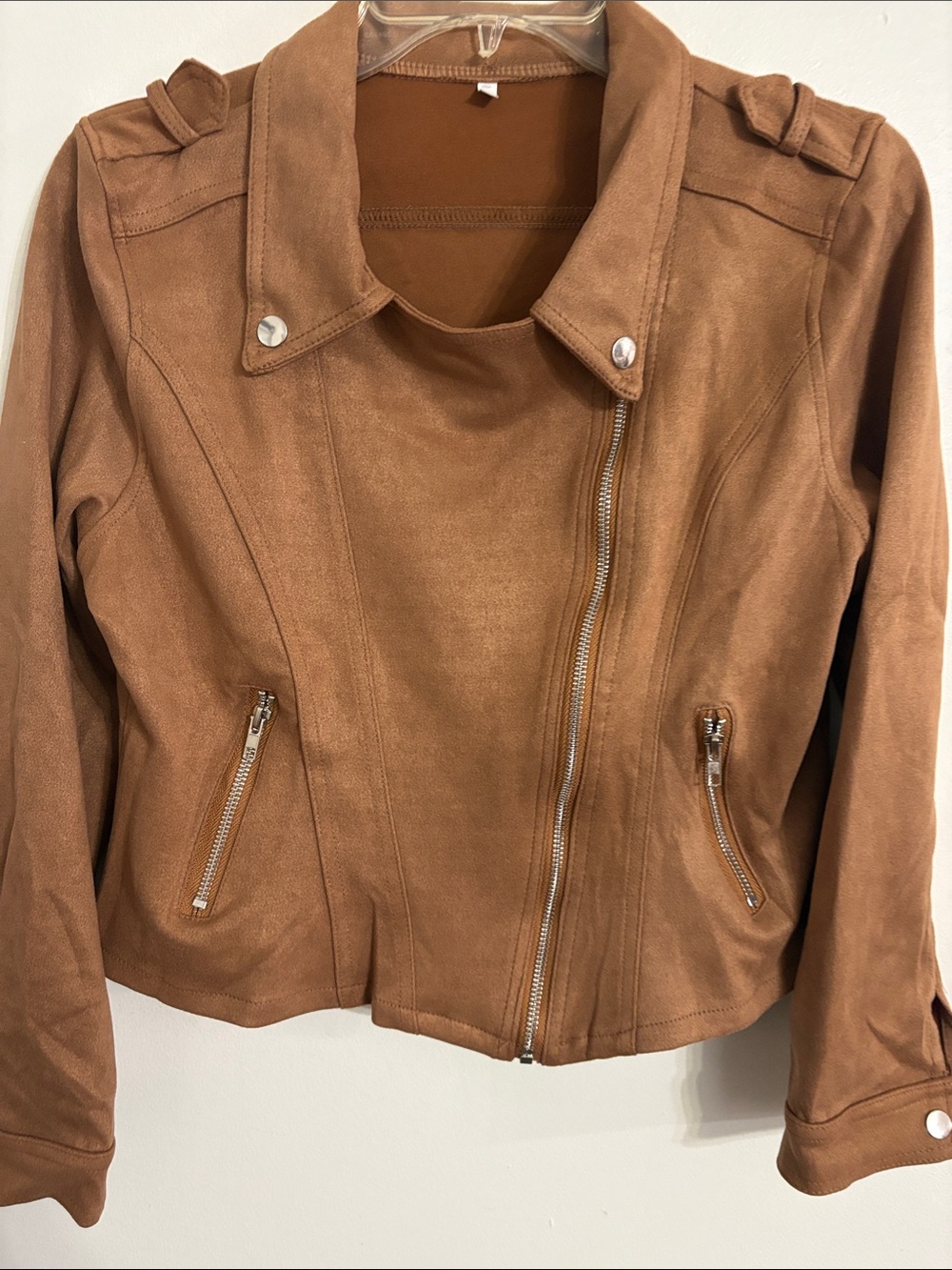 women's faux suede camel asymmetrical moto jacket Size Large NWT